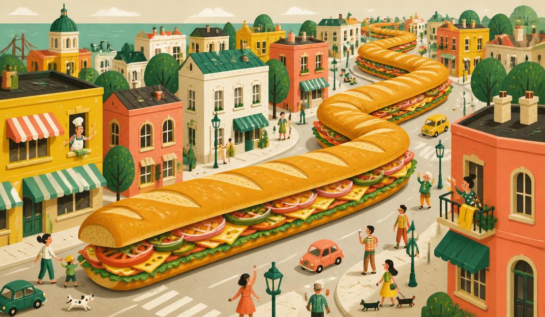 An enormous sandwich winding through the streets of a colorful city