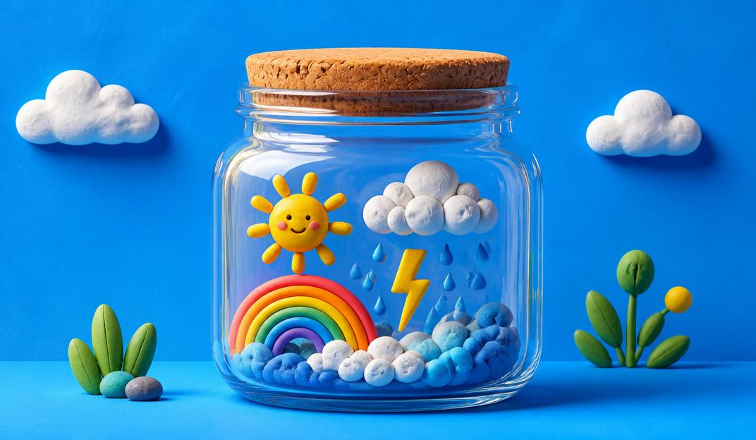 Sun, rain, lightning, and a rainbow captured inside a glass jar